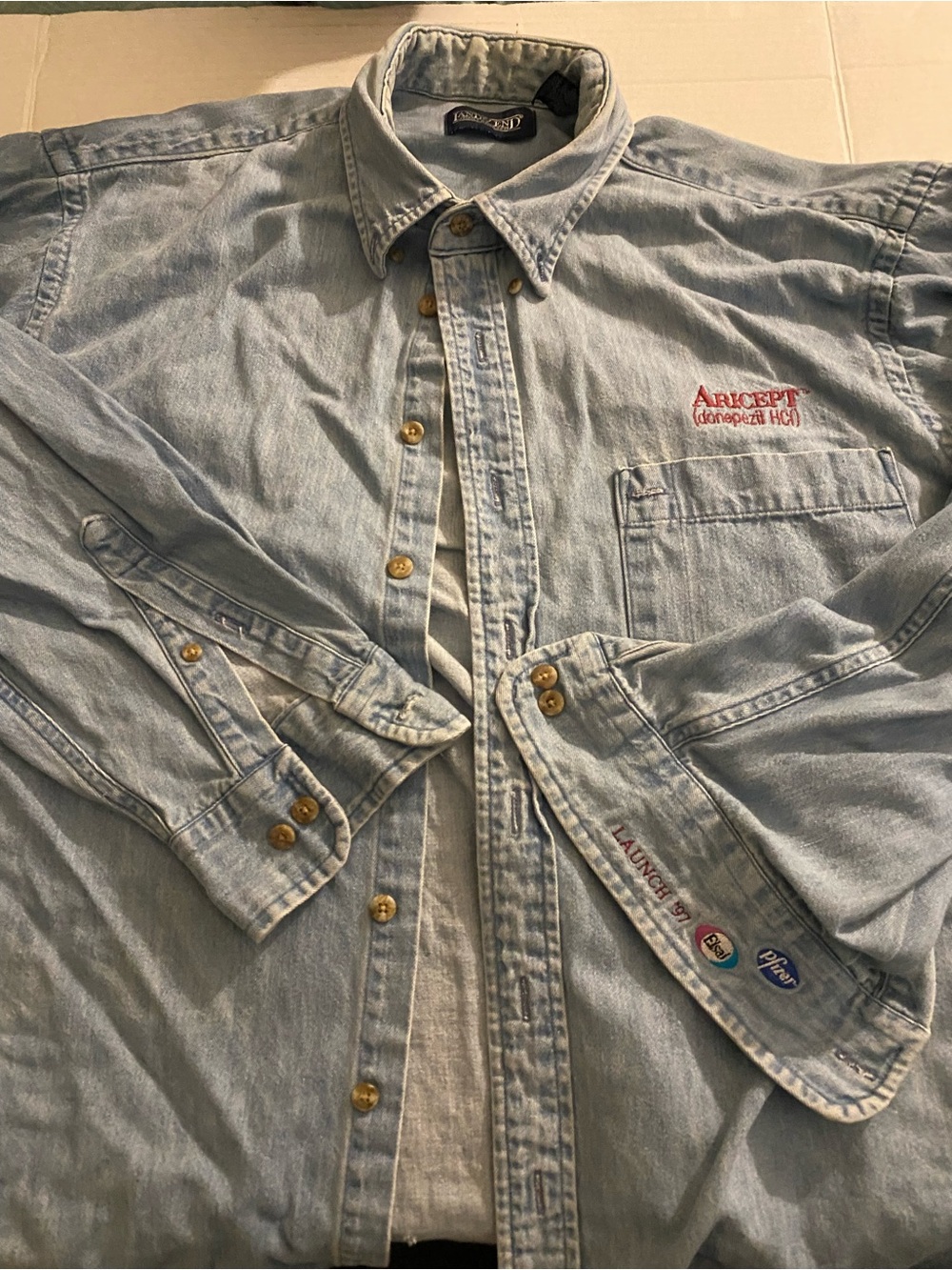 Light Wash Denim Button-Up Shirt with Logo Embroidery